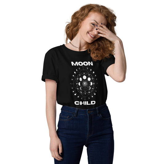 Black Moon Child tee with zodiac symbols and moon phases