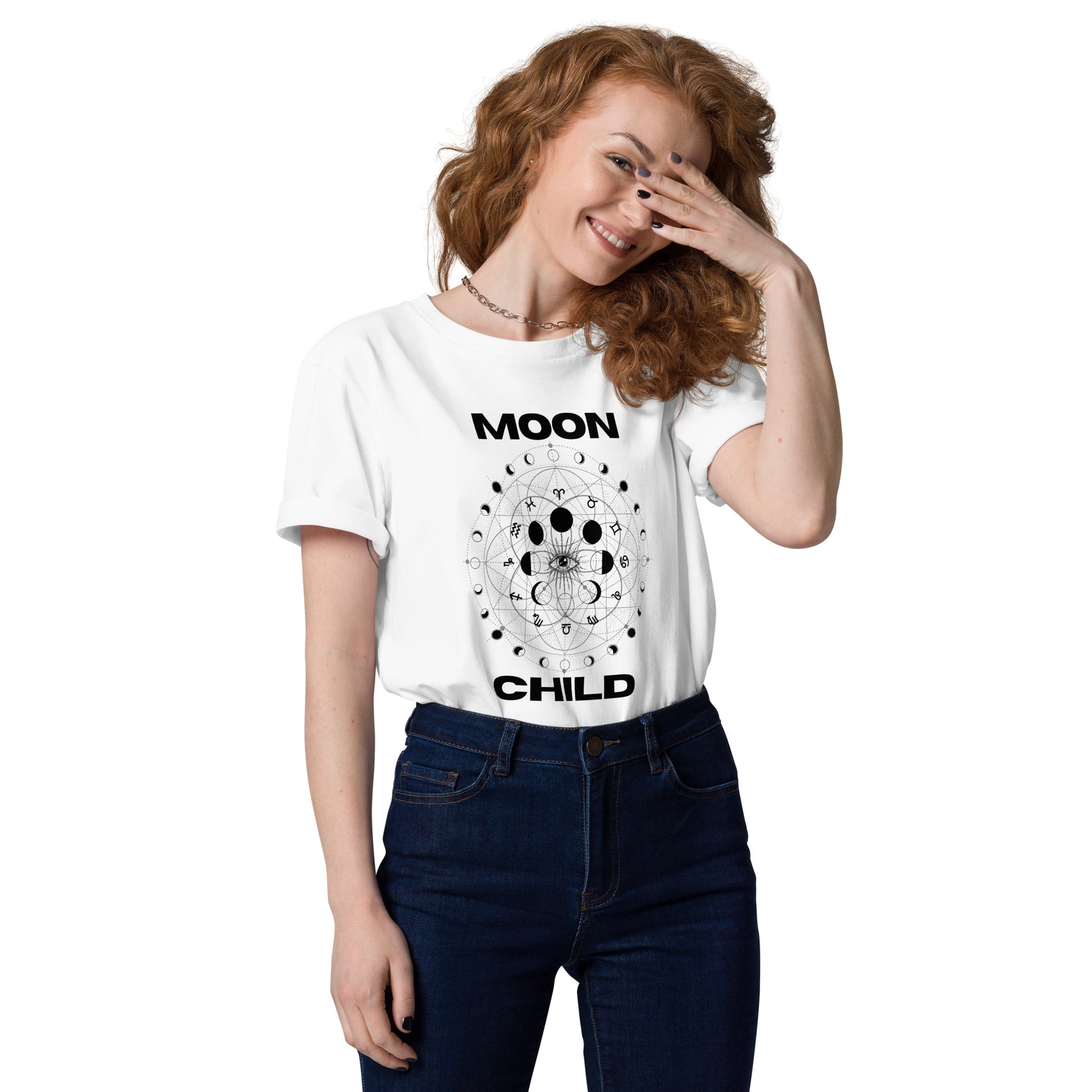 White Moon Child tee with zodiac symbols and moon phases